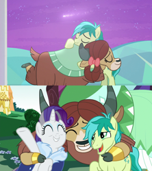 Size: 1280x1440 | Tagged: safe, screencap, character:rarity, character:sandbar, character:yona, species:earth pony, species:pony, species:unicorn, species:yak, episode:hearts and hooves day, episode:she's all yak, episode:the last problem, g4, my little pony: friendship is magic, best friends, bow, carousel boutique, cloven hooves, female, friendship, hair bow, holiday, hug, implied shipping, implied yonabar, male, mare, monkey swings, older, older rarity, older sandbar, older yona, shooting star, stallion, the magic of friendship grows, then and now, treehouse of harmony, valentine's day