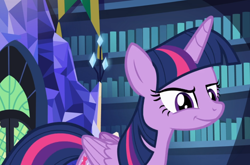 Size: 1244x819 | Tagged: safe, screencap, character:twilight sparkle, character:twilight sparkle (alicorn), species:alicorn, species:pony, episode:a flurry of emotions, g4, my little pony: friendship is magic, cropped, grin, library, smiling, smug, smuglight sparkle, solo, twilight's castle, twilight's castle library