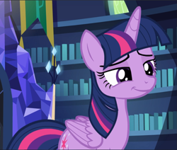 Size: 1111x941 | Tagged: safe, screencap, character:twilight sparkle, character:twilight sparkle (alicorn), species:alicorn, species:pony, episode:a flurry of emotions, g4, my little pony: friendship is magic, cropped, grin, library, lidded eyes, smiling, solo, twilight's castle, twilight's castle library