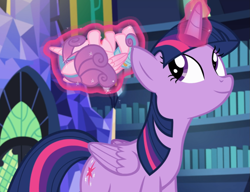 Size: 1217x937 | Tagged: safe, screencap, character:princess flurry heart, character:twilight sparkle, character:twilight sparkle (alicorn), species:alicorn, species:pony, episode:a flurry of emotions, g4, my little pony: friendship is magic, cropped, glowing horn, horn, levitation, library, magic, smiling, telekinesis, twilight's castle, twilight's castle library