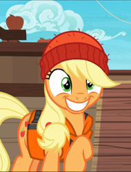 Size: 714x940 | Tagged: safe, screencap, character:applejack, species:earth pony, species:pony, episode:p.p.o.v. (pony point of view), g4, my little pony: friendship is magic, beanie, clothing, cropped, cute, female, hat, jackabetes, lifejacket, mare, raised hoof, smiling, solo