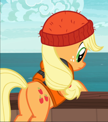 Size: 832x938 | Tagged: safe, screencap, character:applejack, species:earth pony, species:pony, episode:p.p.o.v. (pony point of view), g4, my little pony: friendship is magic, beanie, butt, clothing, cropped, female, freckles, hat, lifejacket, mare, plot, rear view, solo