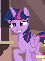 Size: 685x927 | Tagged: safe, screencap, character:twilight sparkle, character:twilight sparkle (alicorn), species:alicorn, species:pony, episode:p.p.o.v. (pony point of view), g4, my little pony: friendship is magic, cropped, cute, female, lidded eyes, mare, raised hoof, smiling, smug, smuglight sparkle, solo, twiabetes