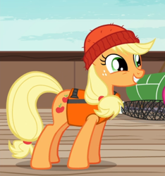 Size: 642x686 | Tagged: safe, screencap, character:applejack, species:earth pony, species:pony, episode:p.p.o.v. (pony point of view), g4, my little pony: friendship is magic, beanie, clothing, cropped, cute, female, freckles, hat, jackabetes, lifejacket, mare, smiling, solo