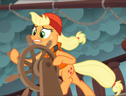 Size: 1231x940 | Tagged: safe, screencap, character:applejack, species:earth pony, species:pony, episode:p.p.o.v. (pony point of view), g4, my little pony: friendship is magic, beanie, bipedal, clothing, cropped, female, freckles, hat, holding, lifejacket, mare, solo, steering, steering wheel, windswept mane, windswept tail