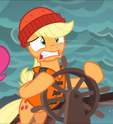 Size: 854x939 | Tagged: safe, screencap, character:applejack, species:earth pony, species:pony, episode:p.p.o.v. (pony point of view), g4, my little pony: friendship is magic, beanie, bipedal, clothing, cropped, female, hat, holding, lifejacket, mare, nervous, solo, steering, steering wheel