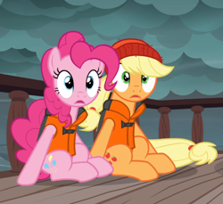 Size: 990x906 | Tagged: safe, screencap, character:applejack, character:pinkie pie, species:earth pony, species:pony, episode:p.p.o.v. (pony point of view), g4, my little pony: friendship is magic, beanie, clothing, cropped, duo, female, hat, lifejacket, mare, open mouth, sitting