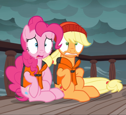 Size: 986x901 | Tagged: safe, screencap, character:applejack, character:pinkie pie, species:earth pony, species:pony, episode:p.p.o.v. (pony point of view), g4, my little pony: friendship is magic, beanie, clothing, cropped, duo, female, hat, lifejacket, mare, scared, shrunken pupils, sitting