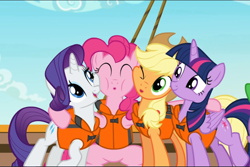 Size: 1412x942 | Tagged: safe, screencap, character:applejack, character:pinkie pie, character:rarity, character:twilight sparkle, character:twilight sparkle (alicorn), species:alicorn, species:earth pony, species:pony, species:unicorn, episode:p.p.o.v. (pony point of view), g4, my little pony: friendship is magic, :o, cheek squish, clothing, cropped, cute, diapinkes, female, group, group hug, hat, hug, jackabetes, lifejacket, open mouth, raribetes, squishy cheeks, twiabetes