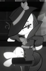 Size: 612x944 | Tagged: safe, screencap, character:rarity, species:pony, species:unicorn, episode:sparkle's seven, g4, my little pony: friendship is magic, 40s, clothing, coat, costume, cropped, crossed legs, detective, detective rarity, fedora, hat, hat over eyes, leaning, lidded eyes, noir