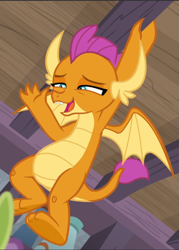 Size: 673x941 | Tagged: safe, screencap, character:smolder, episode:molt down, g4, my little pony: friendship is magic, cropped, hanging, narrowed eyes, open mouth, solo