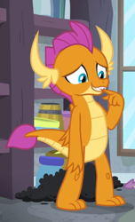 Size: 527x867 | Tagged: safe, screencap, character:smolder, species:dragon, episode:molt down, g4, my little pony: friendship is magic, apology, claws, closet, cropped, cute, dragoness, embarrassed, fangs, female, folded wings, grin, guilty, horns, sheepish grin, smiling, smolderbetes, solo, sorry, teenaged dragon, teenager, toes, wings
