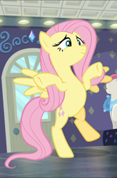 Size: 617x939 | Tagged: safe, screencap, character:fluttershy, species:pegasus, species:pony, episode:fake it 'til you make it, bipedal, cropped, cute, female, mare, shyabetes, smiling, solo, spread wings, wings