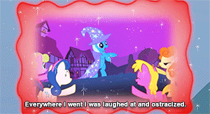 Size: 300x164 | Tagged: safe, screencap, character:bon bon, character:carrot top, character:golden harvest, character:sweetie drops, character:trixie, species:earth pony, species:pony, species:unicorn, episode:boast busters, episode:magic duel, g4, my little pony: friendship is magic, animated, background pony, caption, clothing, female, fleeing, humiliation, laughing, magic projection, mare, memories, pointing, poor trixie, ridicule, shunning, smoke bomb, subtitles, trixie's cape, trixie's hat, trixivision