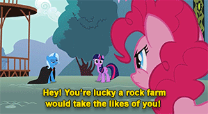 Size: 299x164 | Tagged: safe, screencap, character:pinkie pie, character:trixie, character:twilight sparkle, character:twilight sparkle (unicorn), species:earth pony, species:pony, species:unicorn, episode:magic duel, g4, my little pony: friendship is magic, alicorn amulet, angry, animated, brutal honesty, caption, cloak, clothing, female, grudge, insult, mare, pinkie pie is not amused, subtitles, unamused, yelling