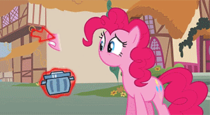 Size: 300x164 | Tagged: safe, screencap, character:pinkie pie, species:earth pony, species:pony, episode:magic duel, g4, my little pony: friendship is magic, animated, cruel, cursor, deleted, female, gif, implied trixie, magic, mare, no mouth, no nose, poof, raised eyebrow, sad, solo, trash can