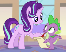 Size: 890x700 | Tagged: safe, screencap, character:spike, character:starlight glimmer, species:dragon, species:pony, species:unicorn, episode:school daze, g4, my little pony: friendship is magic, cropped, duo, female, looking at each other, male, mare, quill, scroll