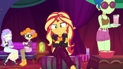 Size: 1920x1080 | Tagged: safe, screencap, character:scribble dee, character:sunset shimmer, equestria girls:sunset's backstage pass, g4, my little pony:equestria girls, beverage, bowl, clothing, crossed legs, cup, drinking, ear piercing, earring, female, food, frustrated, glasses, jewelry, laurel jade, legs, lemon, looking at you, noodle bowl, noodles, piercing, shorts, sitting, sleeveless, snow flower, sunglasses, tea, teacup
