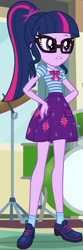 Size: 269x807 | Tagged: safe, screencap, character:twilight sparkle, character:twilight sparkle (scitwi), species:eqg human, episode:overpowered, g4, my little pony:equestria girls, band room, bow tie, canterlot high, clothing, collar, cropped, cute, drums, female, geode of telekinesis, glasses, hands on hip, high school, jewelry, magical geodes, musical instrument, pockets, ponytail, raised eyebrow, shirt, shoes, short sleeves, skirt, socks, solo, twiabetes