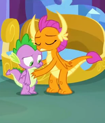 Size: 311x361 | Tagged: safe, screencap, character:smolder, character:spike, species:dragon, episode:father knows beast, g4, my little pony: friendship is magic, baby, baby dragon, bedroom, blinking, claws, comforting, cropped, cute, dragoness, duo, eyes closed, female, folded wings, friends, hand on chest, horns, hug, looking down, male, poor spike, sad, smolderbetes, spike's bed, spike's room, sympathy, teenaged dragon, teenager, toes, winged spike, wings