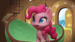 Size: 1920x1080 | Tagged: safe, screencap, character:pinkie pie, species:earth pony, species:pony, g4.5, my little pony: stop motion short, my little pony:pony life, animated, box, butterfly, fluttershy's cottage, happy, hoof rubbing, looking around, looking at something, smiling, solo, sound, sparkles, stop motion, sunburst background, valentine's day card (short), webm