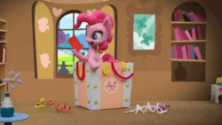Size: 1920x1080 | Tagged: safe, screencap, character:pinkie pie, species:earth pony, species:pony, animated, box, falling, falling over, flower, flower pot, giggling, happy, paper, shelves, smiling, solo, sound, stop motion, webm, window