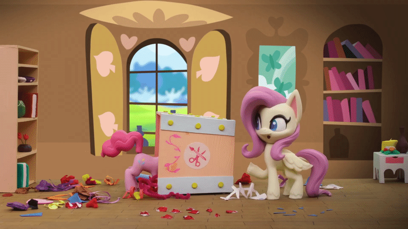 Size: 800x450 | Tagged: safe, screencap, character:fluttershy, character:pinkie pie, species:earth pony, species:pegasus, species:pony, g4.5, my little pony: stop motion short, my little pony:pony life, animated, box, female, fluttershy's cottage, gif, implied flutterpie, messy, paper, shelves, smiling, valentine's day card (short)