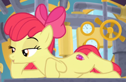 Size: 469x306 | Tagged: safe, screencap, character:apple bloom, species:earth pony, species:pony, episode:growing up is hard to do, g4, my little pony: friendship is magic, :o, adult, bow, cropped, cute, cutie mark, draw me like one of your french girls, female, lidded eyes, lying down, mare, older, older apple bloom, open mouth, side, solo