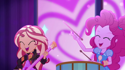 Size: 1920x1080 | Tagged: safe, screencap, character:pinkie pie, character:sunset shimmer, equestria girls:sunset's backstage pass, g4, my little pony:equestria girls, drums, eyes closed, guitar, musical instrument, screen