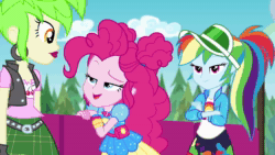 Size: 1280x720 | Tagged: safe, screencap, character:cherry crash, character:pinkie pie, character:rainbow dash, equestria girls:sunset's backstage pass, g4, my little pony:equestria girls, animated, background human, cherry crash, ear piercing, earring, female, geode of sugar bombs, jewelry, magical geodes, music festival outfit, piercing, sound, webm