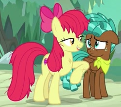 Size: 643x568 | Tagged: safe, screencap, character:apple bloom, character:spur, species:earth pony, species:pegasus, species:pony, episode:growing up is hard to do, g4, my little pony: friendship is magic, bandana, biting, bow, cropped, duo, eyelashes, floppy ears, folded wings, freckles, lidded eyes, messy mane, older, older apple bloom, out of context, teenager, tongue bite, wings