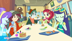 Size: 1539x866 | Tagged: safe, screencap, character:aqua blossom, character:blueberry cake, character:normal norman, character:scott green, equestria girls:equestria girls, g4, my little pony:equestria girls, background human, blueberry cake, cafeteria, canterlot high, cellphone, clothing, compact mirror, eyes closed, female, food, male, phone, rose heart, scott green, smartphone, table