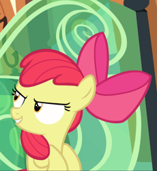 Size: 775x844 | Tagged: safe, screencap, character:apple bloom, episode:surf and/or turf, g4, my little pony: friendship is magic, cropped, evil grin, grin, smiling, solo, train