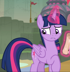 Size: 904x939 | Tagged: safe, screencap, character:twilight sparkle, character:twilight sparkle (alicorn), species:alicorn, species:pony, episode:surf and/or turf, g4, my little pony: friendship is magic, cropped, glowing horn, horn, nervous, raised hoof, solo
