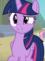 Size: 685x938 | Tagged: safe, screencap, character:twilight sparkle, character:twilight sparkle (alicorn), species:alicorn, species:pony, species:unicorn, episode:surf and/or turf, g4, my little pony: friendship is magic, beach, cropped, female, filly, folded wings, grin, mare, raised eyebrow, smiling, solo focus, wings