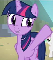 Size: 817x939 | Tagged: safe, screencap, character:sweetie belle, character:twilight sparkle, character:twilight sparkle (alicorn), species:alicorn, species:pony, episode:surf and/or turf, g4, my little pony: friendship is magic, cropped, cute, solo focus, twiabetes, waving