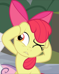 Size: 747x939 | Tagged: safe, screencap, character:apple bloom, episode:surf and/or turf, g4, my little pony: friendship is magic, covering ears, cropped, floppy ears, one eye closed, solo