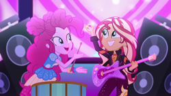 Size: 1600x900 | Tagged: safe, screencap, character:pinkie pie, character:sunset shimmer, equestria girls:sunset's backstage pass, g4, my little pony:equestria girls, guitar, music festival outfit, musical instrument