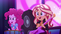 Size: 1920x1080 | Tagged: safe, screencap, character:pinkie pie, character:sunset shimmer, equestria girls:sunset's backstage pass, g4, my little pony:equestria girls, guitar, music festival outfit, musical instrument