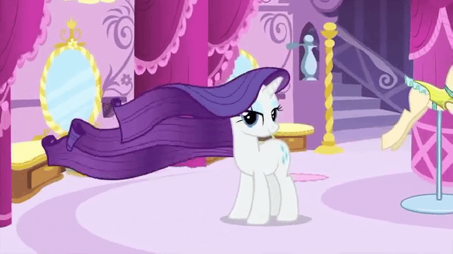 Size: 656x368 | Tagged: safe, screencap, character:rarity, species:pony, species:unicorn, episode:rarity's biggest fan, animated, carousel boutique, fashion, gif, lidded eyes, long hair, long mane, long tail, mannequin, solo, windswept hair, windswept mane, windswept tail