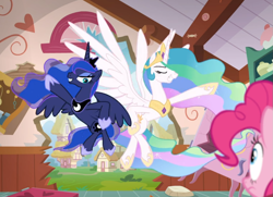 Size: 981x712 | Tagged: safe, screencap, character:pinkie pie, character:princess celestia, character:princess luna, species:alicorn, species:earth pony, species:pony, episode:between dark and dawn, g4, my little pony: friendship is magic, cropped, duo focus, dynamic entry, eyes closed, female, flying, heroic posing, hoof shoes, hooves on hips, jewelry, mare, peytral, regalia, smiling, spread wings, wings