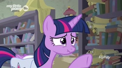Size: 1920x1080 | Tagged: safe, screencap, character:twilight sparkle, character:twilight sparkle (alicorn), species:alicorn, species:pony, episode:the point of no return, g4, my little pony: friendship is magic, bag, book, bookshelf, saddle bag, scroll, scrunchy face, solo