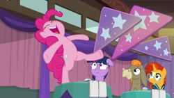 Size: 1920x1080 | Tagged: safe, screencap, character:cranky doodle donkey, character:pinkie pie, character:sunburst, character:twilight sparkle, character:twilight sparkle (alicorn), species:alicorn, species:pony, episode:a trivial pursuit, g4, my little pony: friendship is magic, bell, floppy ears, standing, standing on one leg