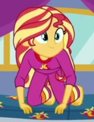 Size: 717x936 | Tagged: safe, screencap, character:sunset shimmer, equestria girls:sunset's backstage pass, g4, my little pony:equestria girls, barefoot, clothing, cropped, cute, feet, humans doing horse things, pajamas, shimmerbetes, solo
