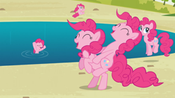 Size: 1366x768 | Tagged: safe, screencap, character:pinkie pie, species:earth pony, species:pony, episode:too many pinkie pies, g4, my little pony: friendship is magic, cute, female, happy, mare, pinkie clone, pond, ponies riding ponies, riding, water, wet mane