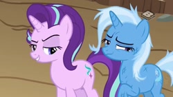 Size: 1280x720 | Tagged: safe, screencap, character:starlight glimmer, character:trixie, species:pony, species:unicorn, episode:on the road to friendship, boomerang (tv channel), duo, lidded eyes, looking away, messy mane, scratches
