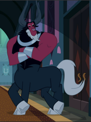 Size: 702x944 | Tagged: safe, screencap, character:lord tirek, species:centaur, episode:the summer sun setback, g4, my little pony: friendship is magic, bracer, cloven hooves, colored hooves, cropped, crossed arms, crossed legs, looking back, male, nose piercing, nose ring, piercing, solo, stupid sexy tirek