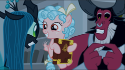 Size: 1668x943 | Tagged: safe, screencap, character:cozy glow, character:lord tirek, character:queen chrysalis, species:centaur, species:changeling, species:pegasus, species:pony, episode:the summer sun setback, g4, my little pony: friendship is magic, book, bow, bracer, canterlot library, changeling queen, cozybetes, cropped, crown, cute, cutealis, excited, eye contact, female, filly, flying, foal, grin, grogar's bell, hair bow, jewelry, legion of doom, library, looking at each other, male, mare, nose piercing, nose ring, piercing, regalia, smiling, tail bow, tirebetes, trio