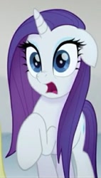 Size: 299x528 | Tagged: safe, screencap, character:rarity, species:pony, species:unicorn, my little pony: the movie (2017), cropped, female, floppy ears, frown, long hair, looking at you, mare, open mouth, raised hoof, shocked, shocked expression, solo focus, wet, wet mane, wet mane rarity, wide eyes