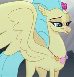 Size: 568x592 | Tagged: safe, screencap, character:princess skystar, species:classical hippogriff, species:hippogriff, my little pony: the movie (2017), :o, cropped, cute, derp, eyelashes, female, flower, flower in hair, jewelry, lidded eyes, necklace, open mouth, skyabetes, solo, spread wings, wings